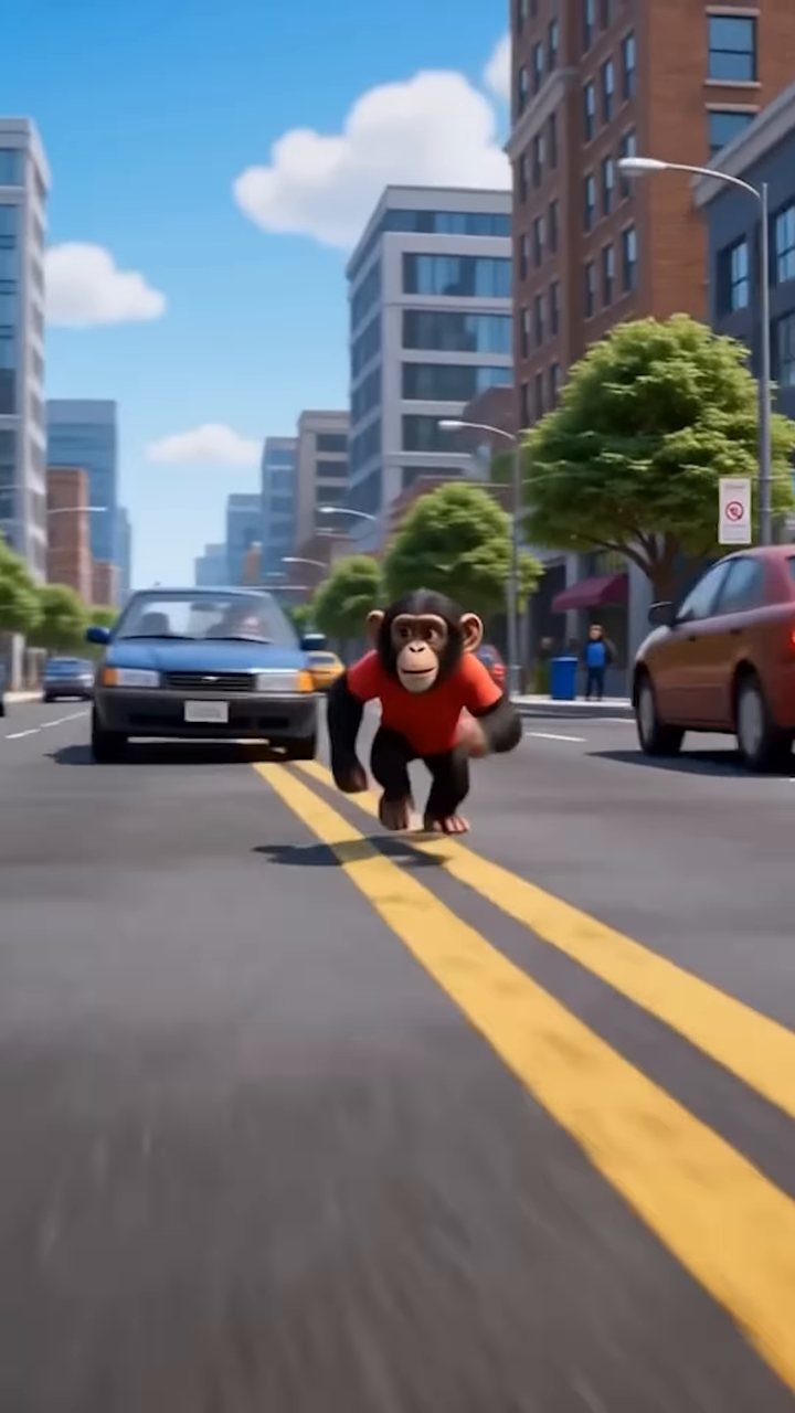 Apeworld.mp4: Binky Tako runs through city traffic